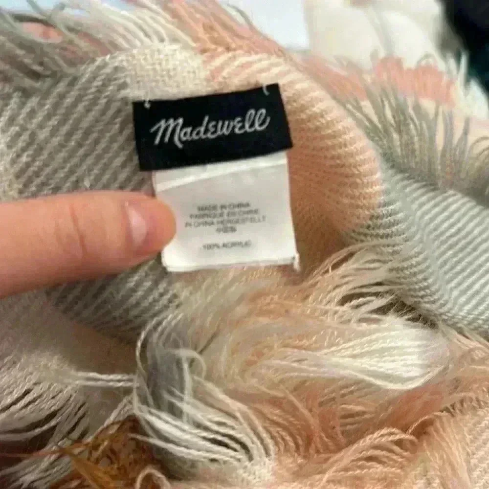 Madewell Blanket Fringe Soft Gray Pink Brown Scarf
